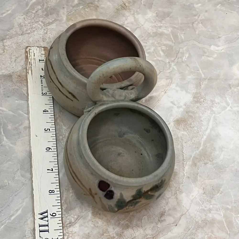 Studio Art Pottery Two Bowl Condiment Dish With Handle Stoneware Muted Colors